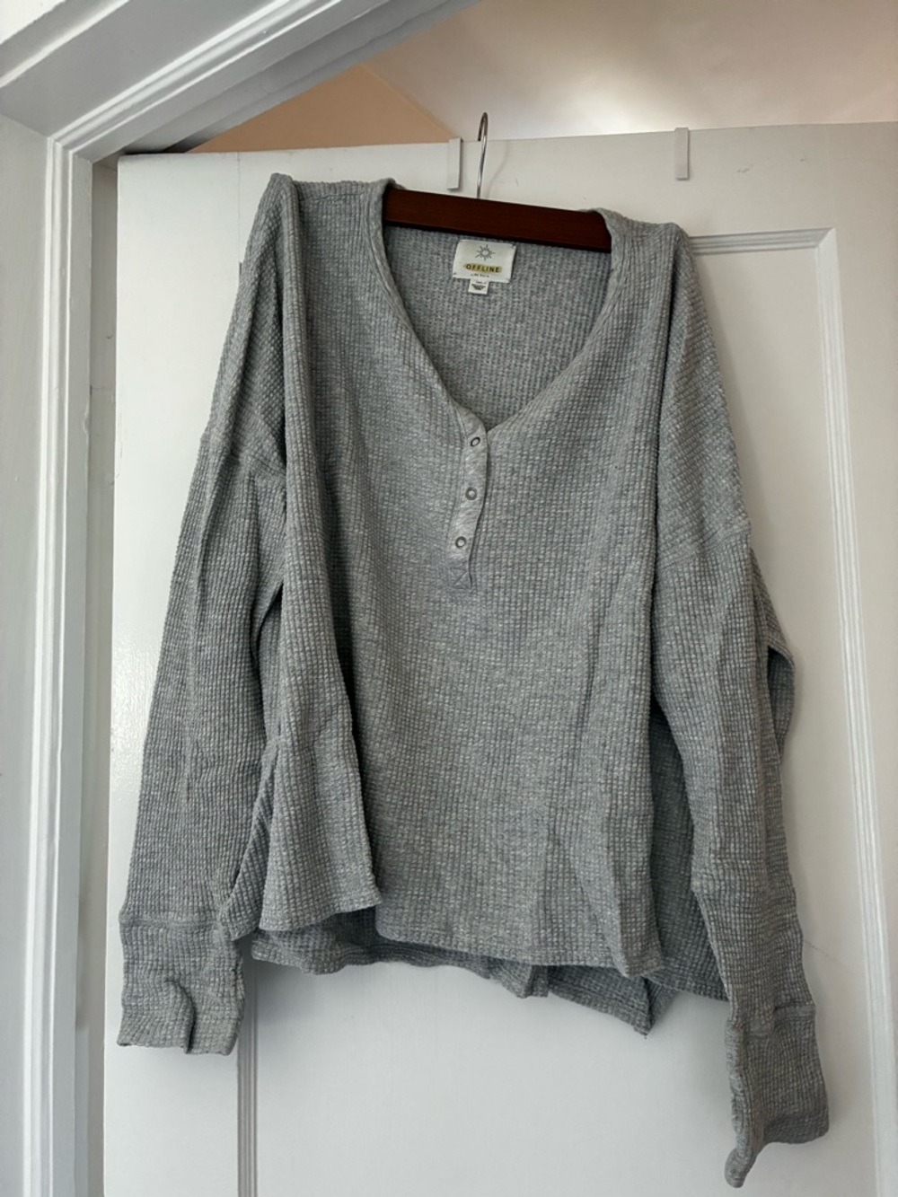 aerie Heather Gray Waffle Knit Henley Long Sleeve Top